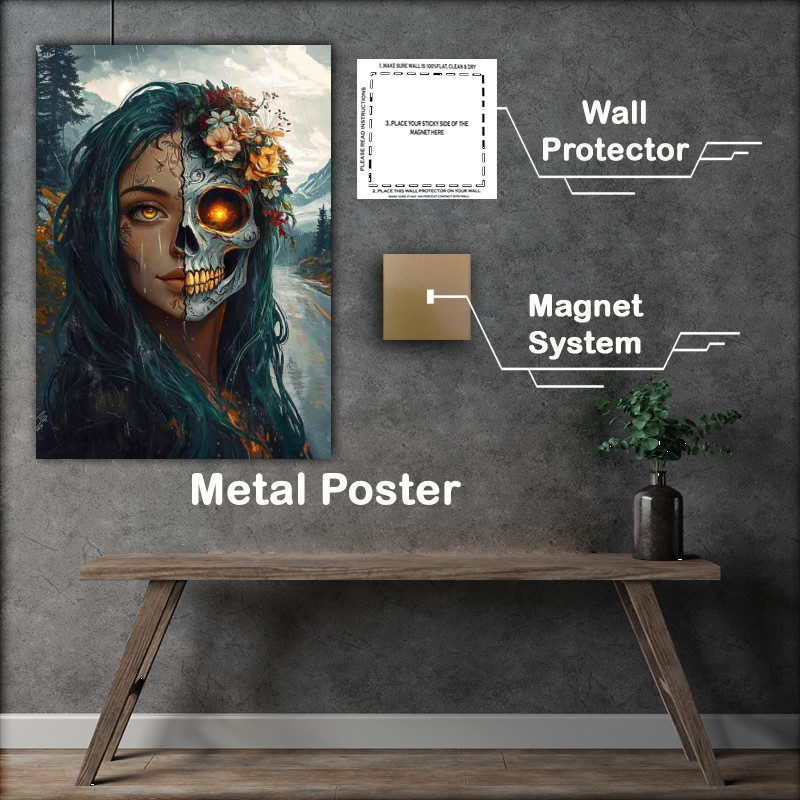 Buy Metal Poster : (Woman with half of the face as a skull day of dead)