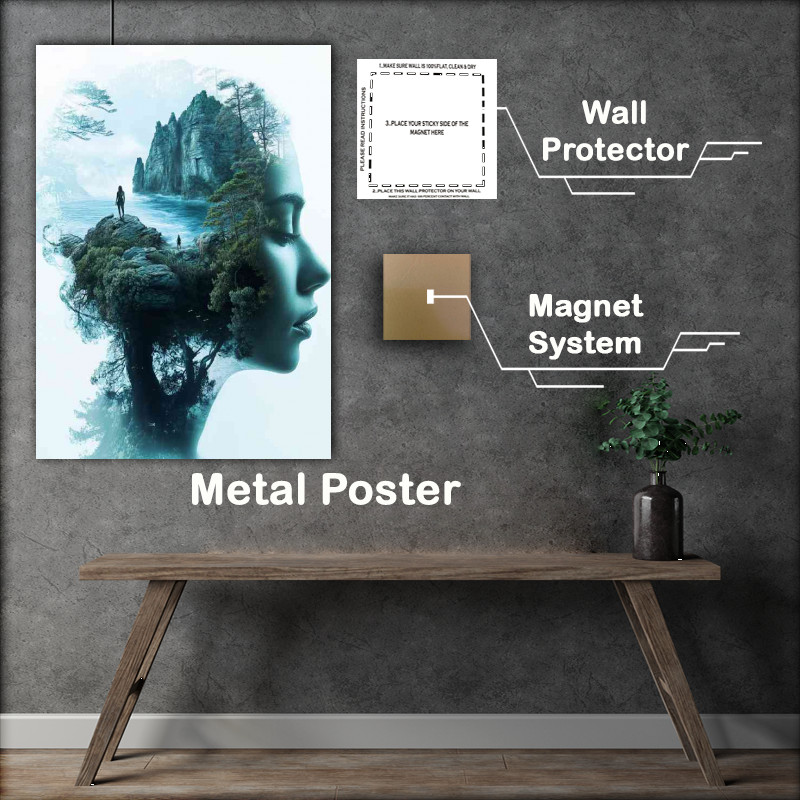 Buy Metal Poster : (Womans face in profile is depicted rocks and riverand)