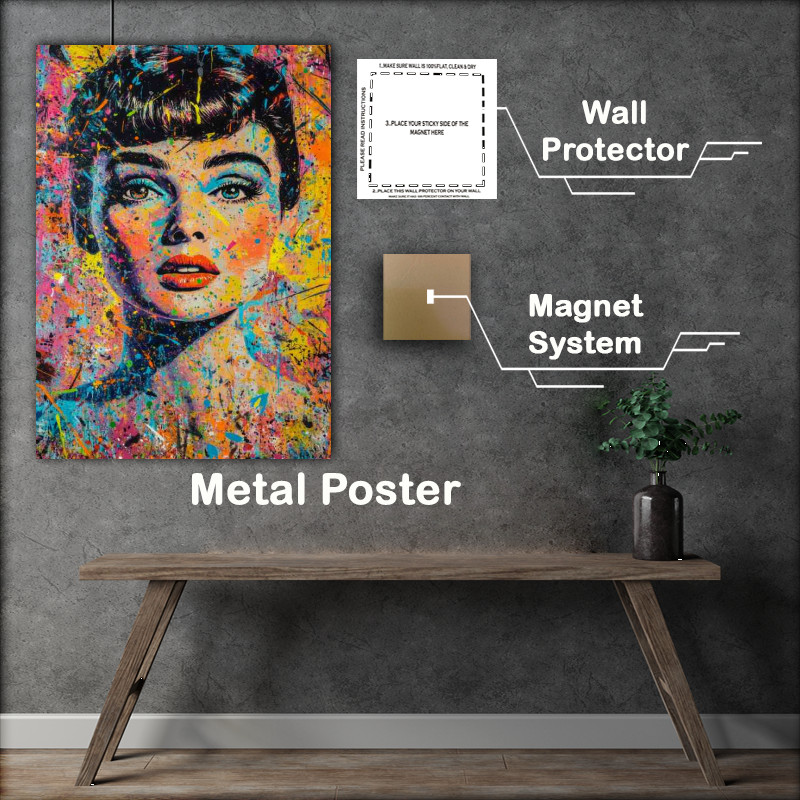 Buy Metal Poster : (Audrey Hepburn portrait street art pop art splahed)