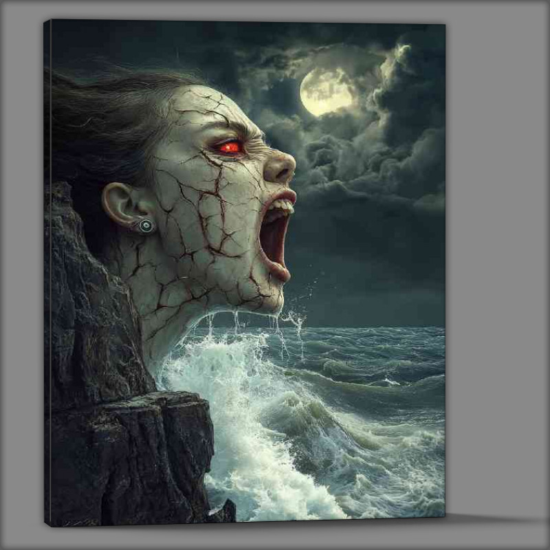 Buy Canvas : (Evil woman with cracked skin and red eyes is looking out to sea)