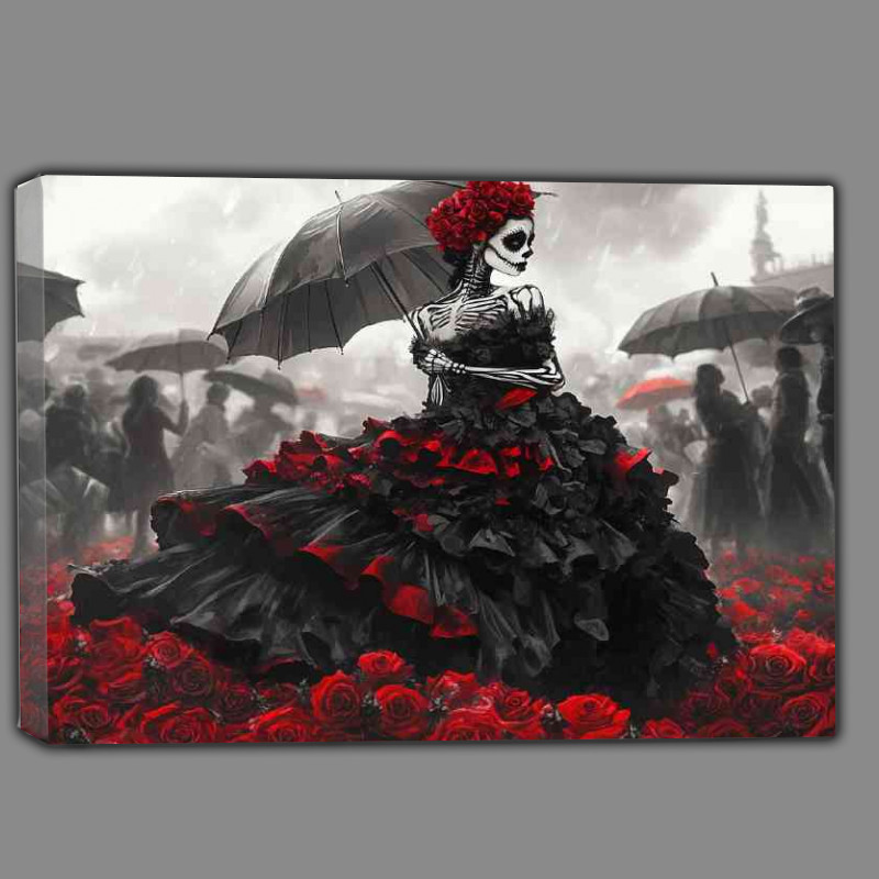 Buy Canvas : (Skeletal woman wearing an elaborate black and red roses)