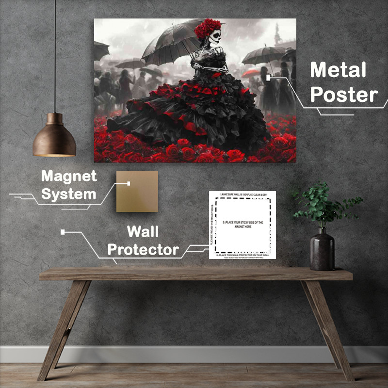 Buy Metal Poster : (Skeletal woman wearing an elaborate black and red roses)
