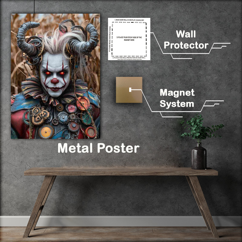 Buy Metal Poster : (A realistic photo of an insane clown wearing a colorful outfit)