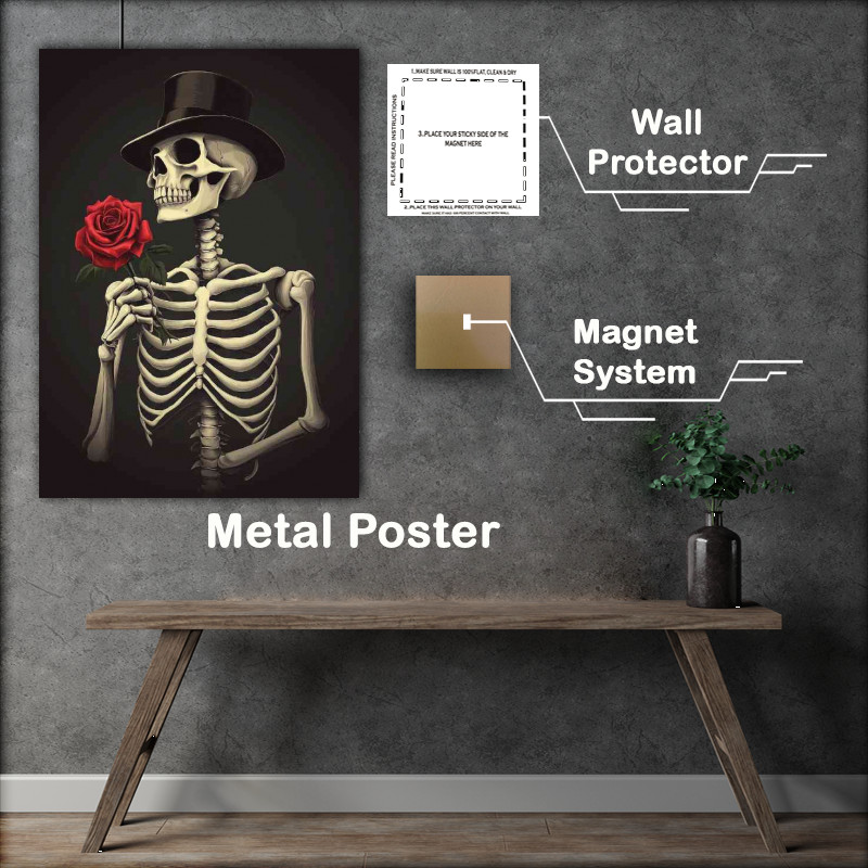 Buy Metal Poster : (Skeleton wearing a black top hat and holding a rose)