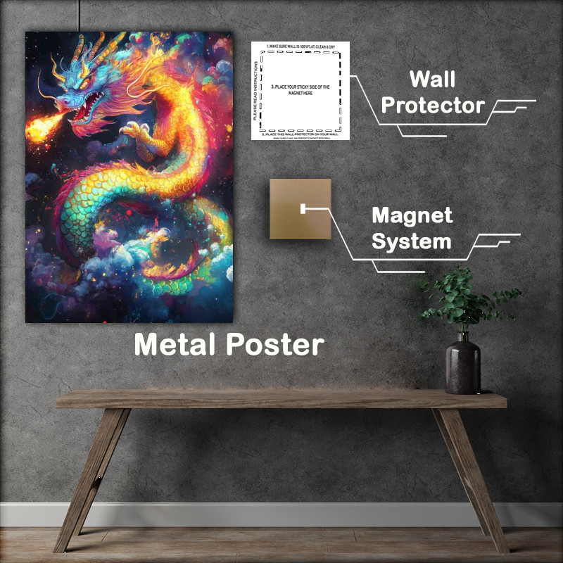 Buy Metal Poster : (A colorful Chinese dragon with red yellow and blue celestrial skies)