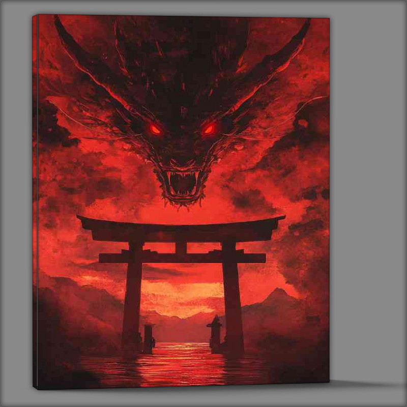 Buy Canvas : (Dragon with red eyes is flying above the torii gate)