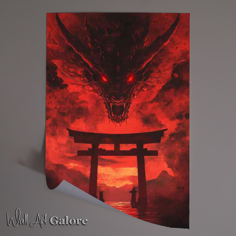 Buy Unframed Poster : (Dragon with red eyes is flying above the torii gate)