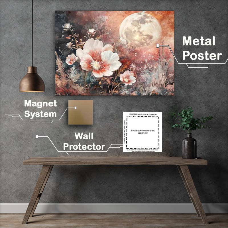 Buy Metal Poster : (Surreal watercolor painting of giant flowers with the moon)