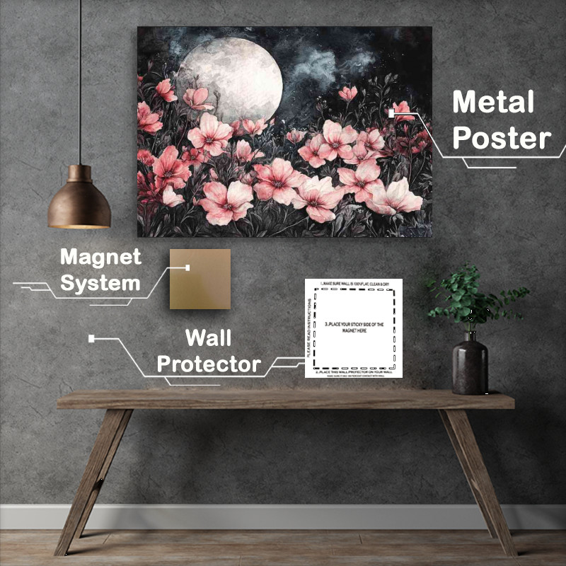Buy Metal Poster : (Watercolor painting of giant flowers on the moon)