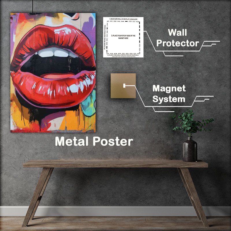Buy Metal Poster : (Graffiti art featuring large vibrant red lips)