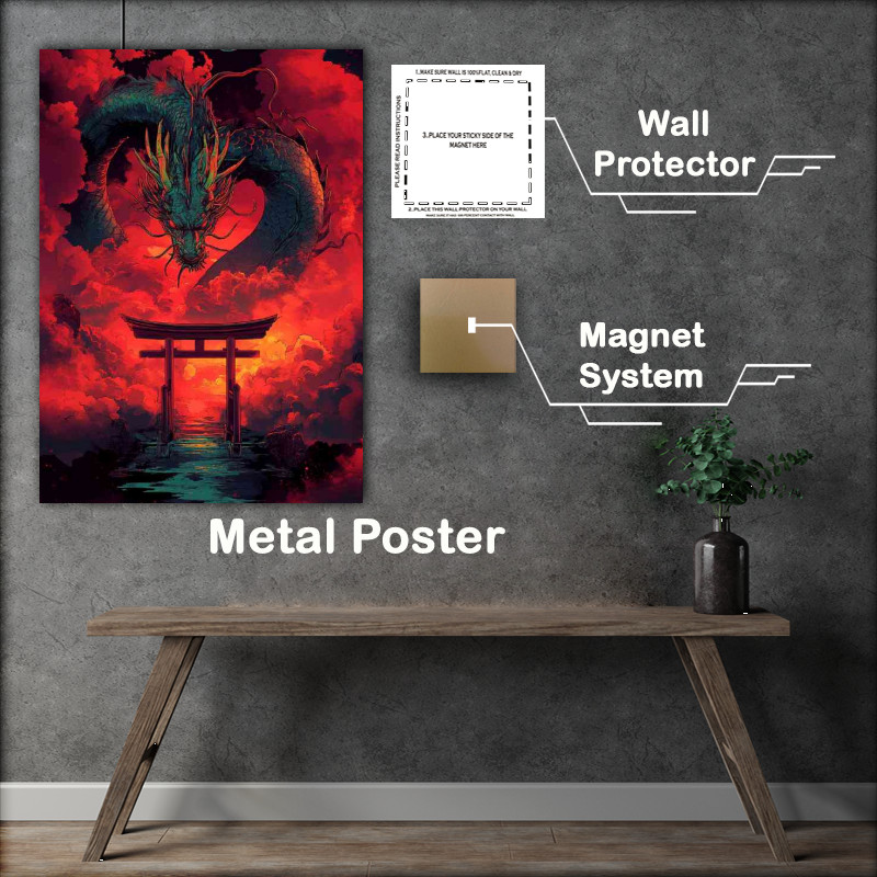 Buy Metal Poster : (A Chinese dragon surrounded by red clouds and tori gate)
