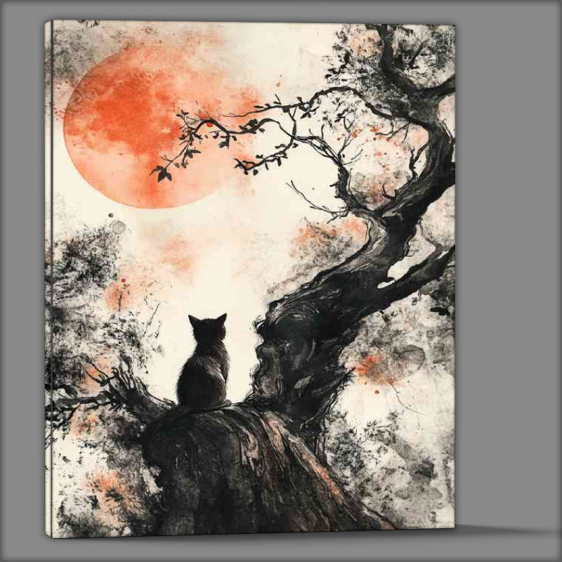 Buy Canvas : (A cat sits on the edge of an old tree gazing at a red moon)