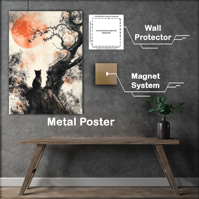Buy Metal Poster : (A cat sits on the edge of an old tree gazing at a red moon)