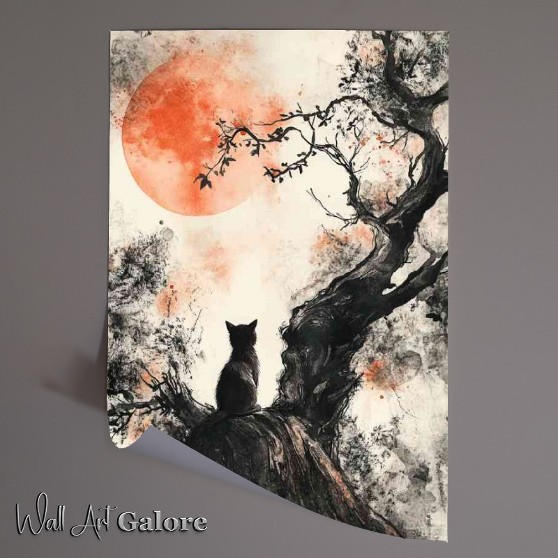 Buy Unframed Poster : (A cat sits on the edge of an old tree gazing at a red moon)
