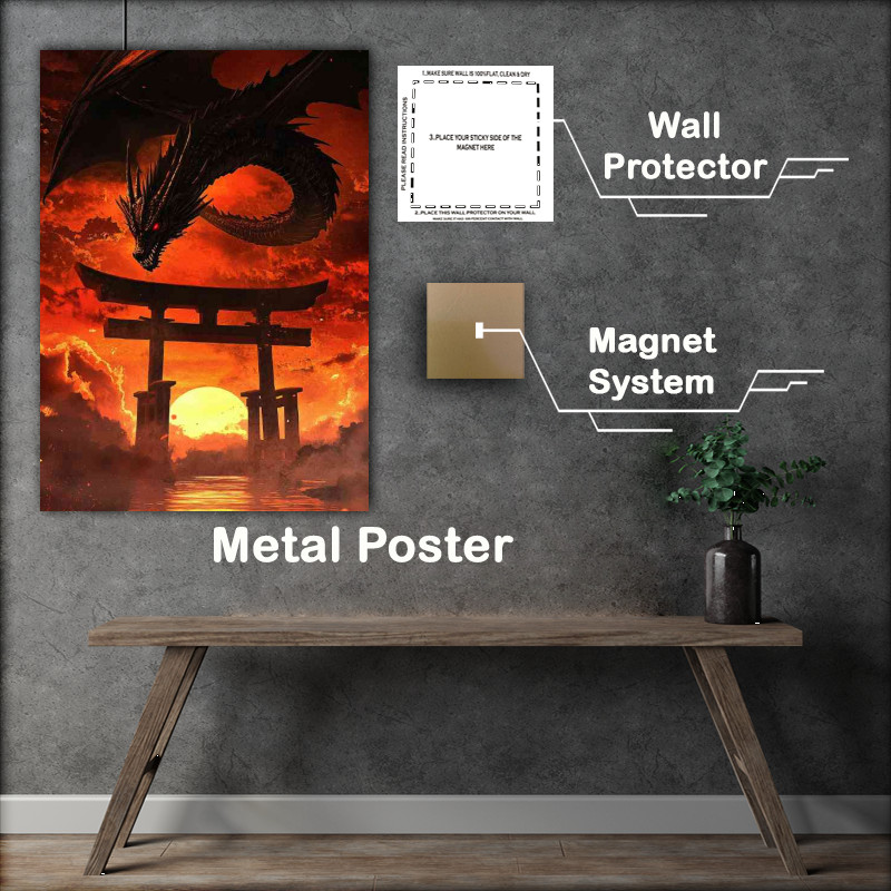 Buy Metal Poster : (A dragon with red eyes is flying above the torii gate)