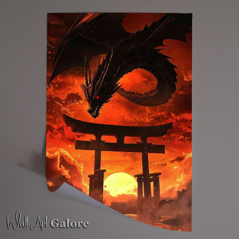 Buy Unframed Poster : (A dragon with red eyes is flying above the torii gate)