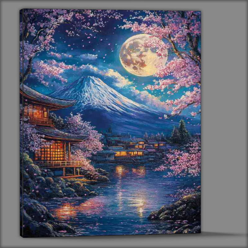 Buy Canvas : (Breathtaking painting of Mount Fuji under the moon)