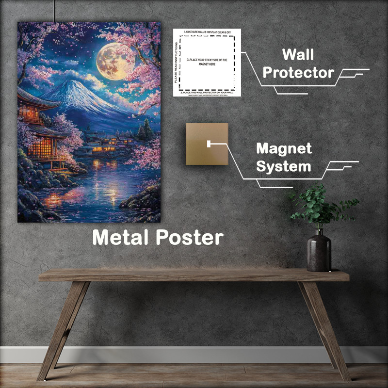 Buy Metal Poster : (Breathtaking painting of Mount Fuji under the moon)