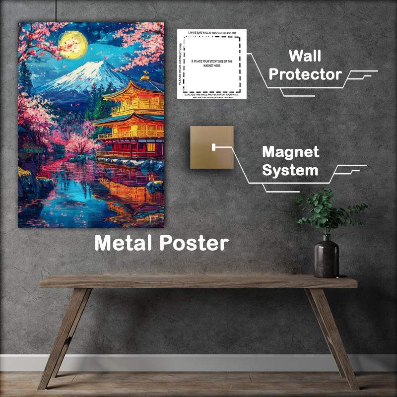 Buy Metal Poster : (Breathtaking painting of Mount Fuji under the moon and reflection lake)