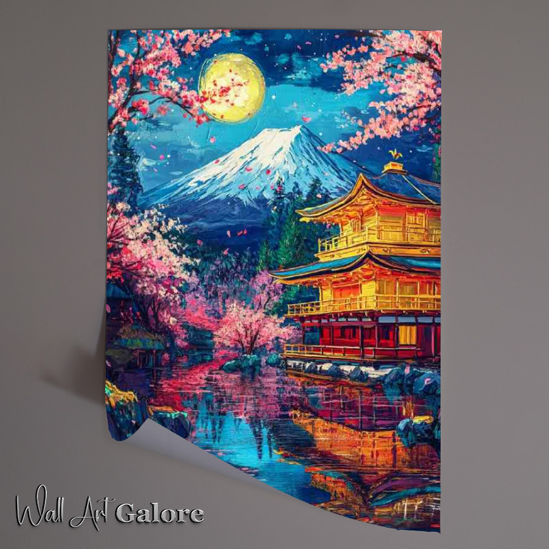 Buy Unframed Poster : (Breathtaking painting of Mount Fuji under the moon and reflection lake)