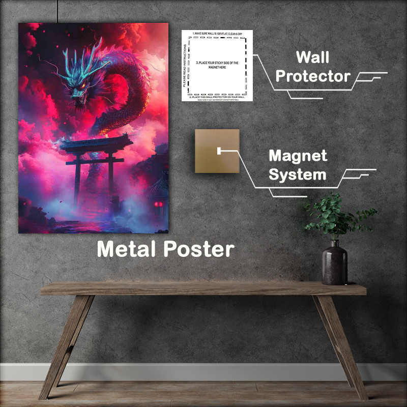 Buy Metal Poster : (Chinese dragon surrounded clouds and Tori gate)