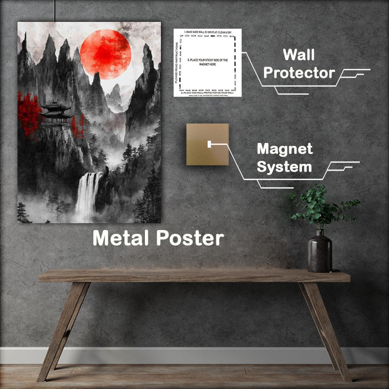 Buy Metal Poster : (Chinese landscape painting Pavilions and towers)