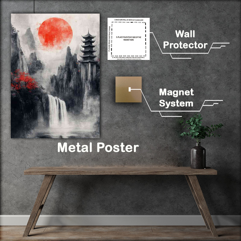 Buy Metal Poster : (Chinese landscape painting Pavilions and towers waterfalls)