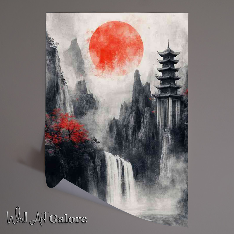 Buy Unframed Poster : (Chinese landscape painting Pavilions and towers waterfalls)