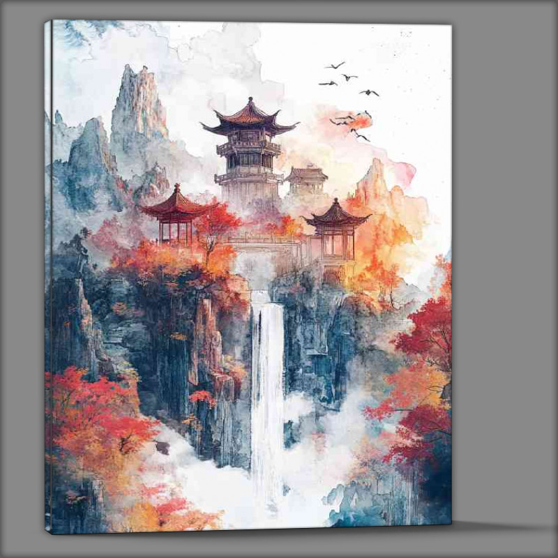 Buy Canvas : (Chinese landscape with pavilions and towers waterfalls and trees)