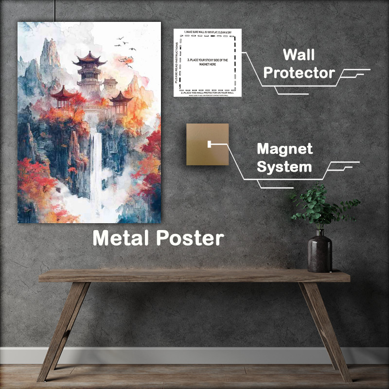 Buy Metal Poster : (Chinese landscape with pavilions and towers waterfalls and trees)