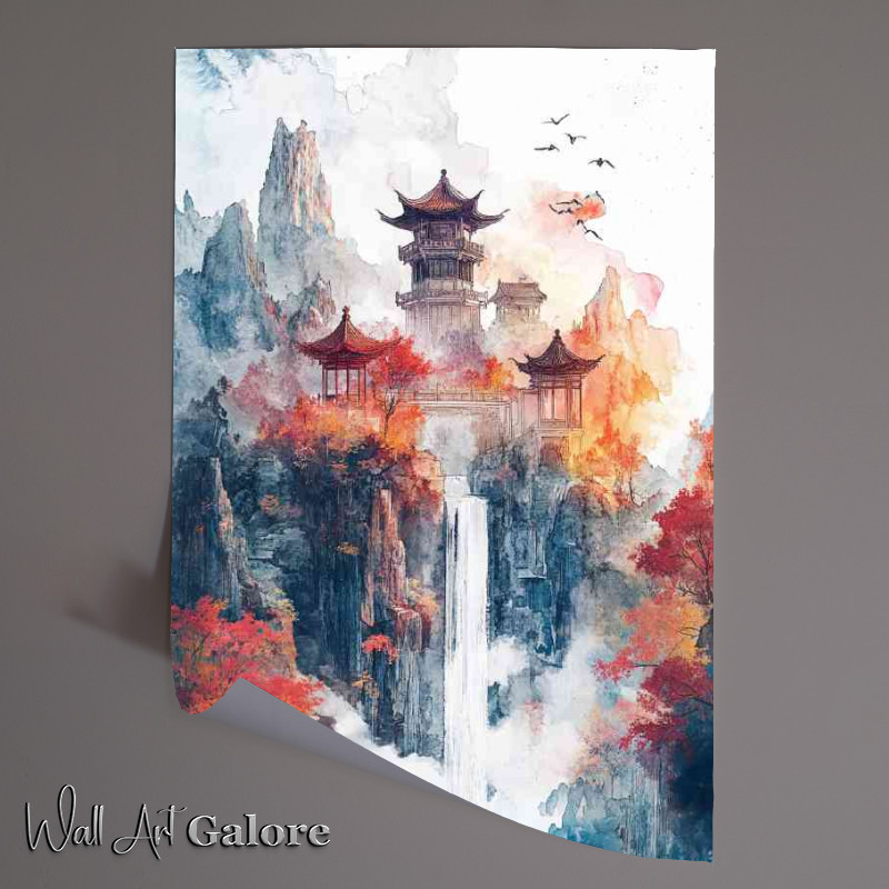 Buy Unframed Poster : (Chinese landscape with pavilions and towers waterfalls and trees)