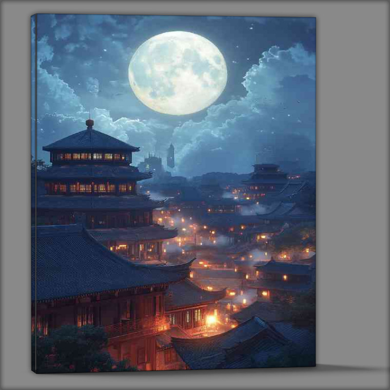 Buy Canvas : (Chinese style ancient architecture blue sky and white full moon)