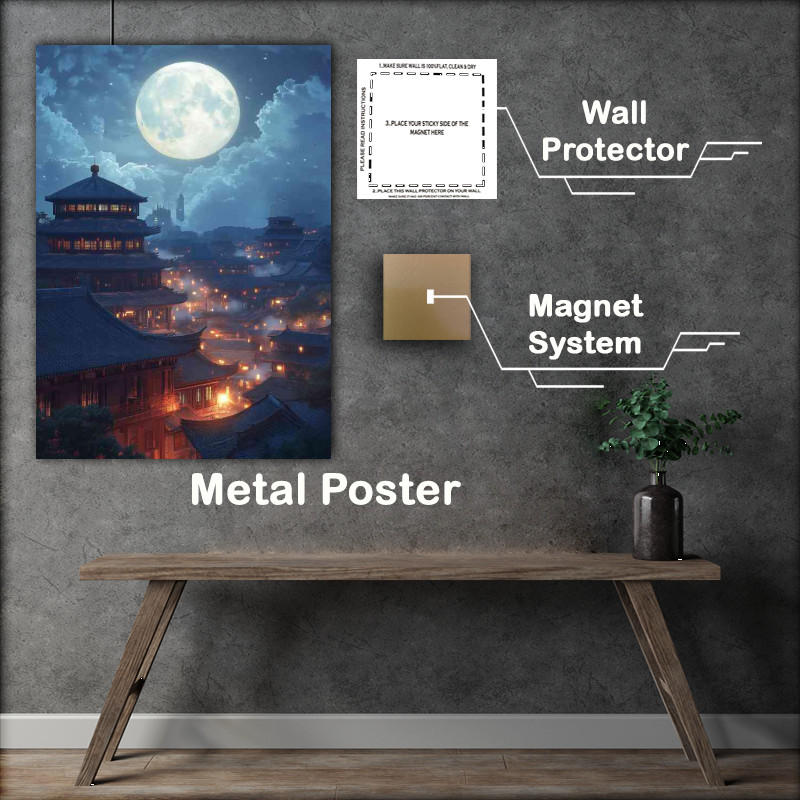 Buy Metal Poster : (Chinese style ancient architecture blue sky and white full moon)