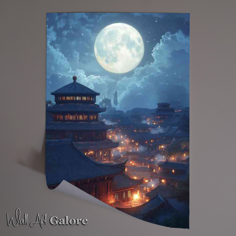 Buy Unframed Poster : (Chinese style ancient architecture blue sky and white full moon)