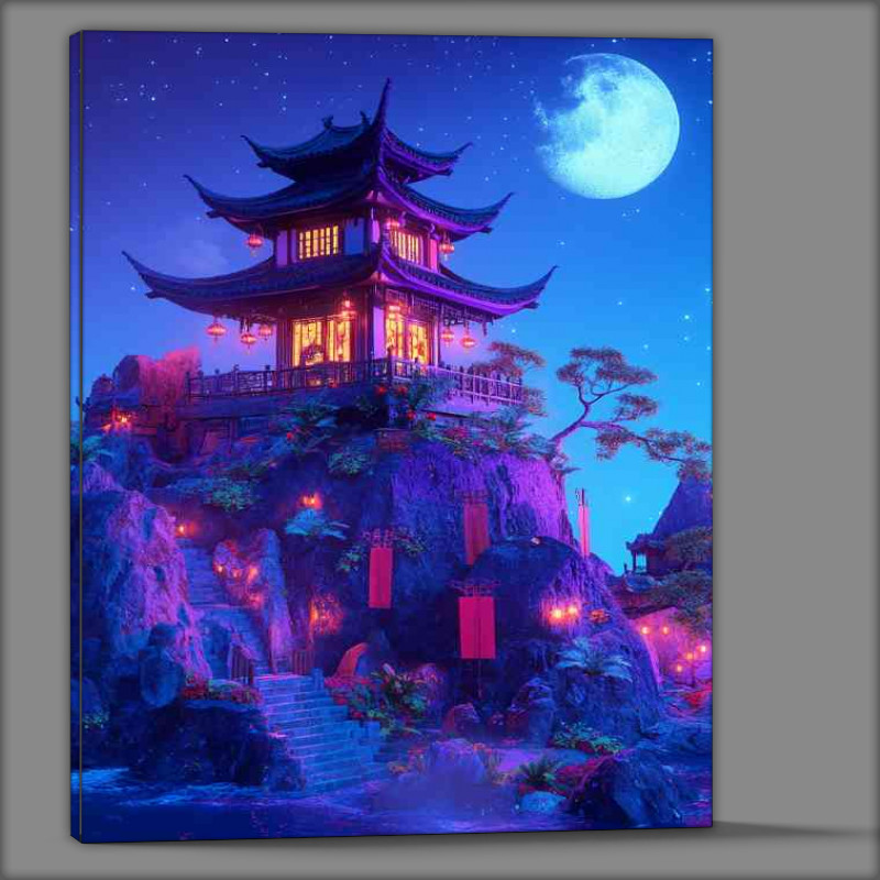 Buy Canvas : (Chinese style building on the top of an island with neon blue)