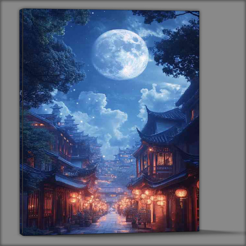 Buy Canvas : (Huge moon hangs in the sky illuminating ancient Chinese village)