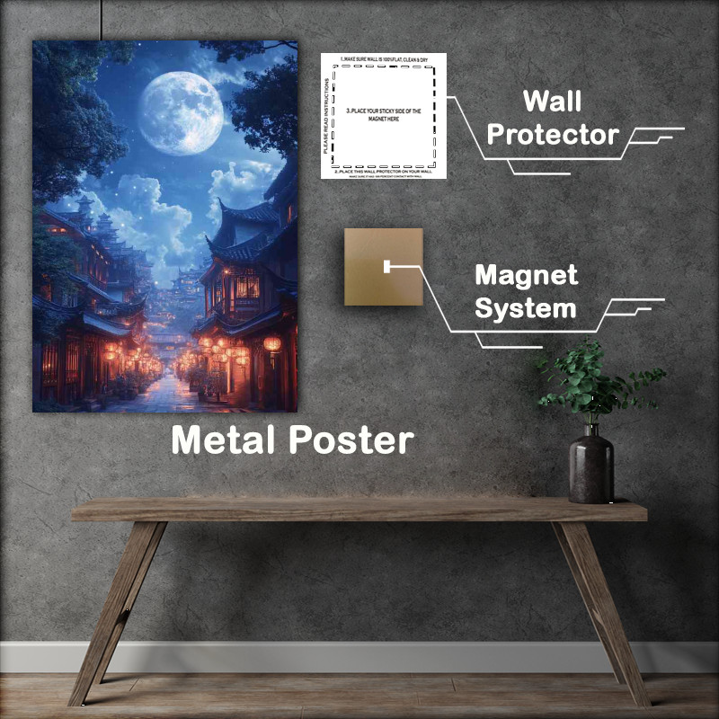 Buy Metal Poster : (Huge moon hangs in the sky illuminating ancient Chinese village)
