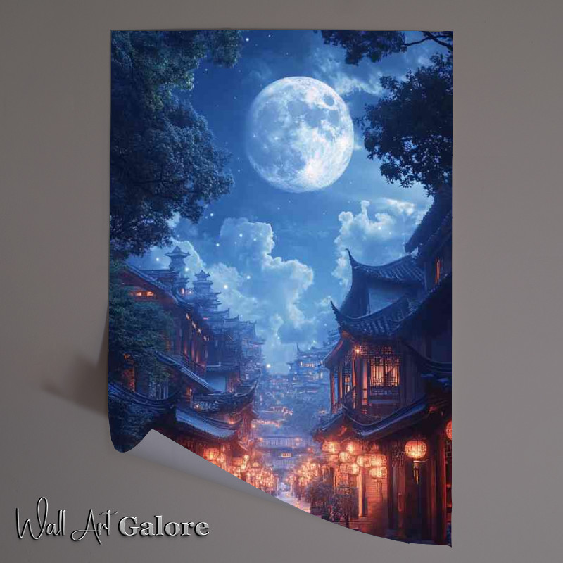 Buy Unframed Poster : (Huge moon hangs in the sky illuminating ancient Chinese village)