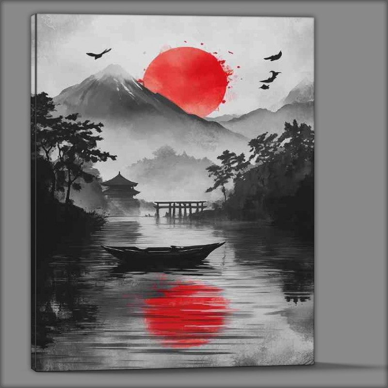 Buy Canvas : (Japanese Inked landscape with mountains boat and temple)