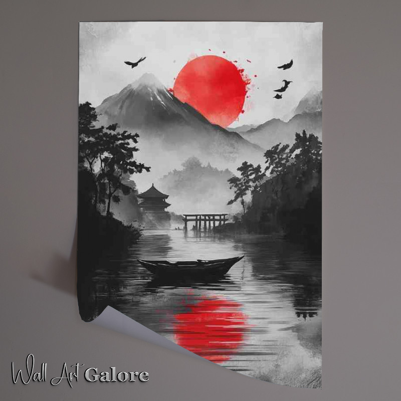 Buy Unframed Poster : (Japanese Inked landscape with mountains boat and temple)