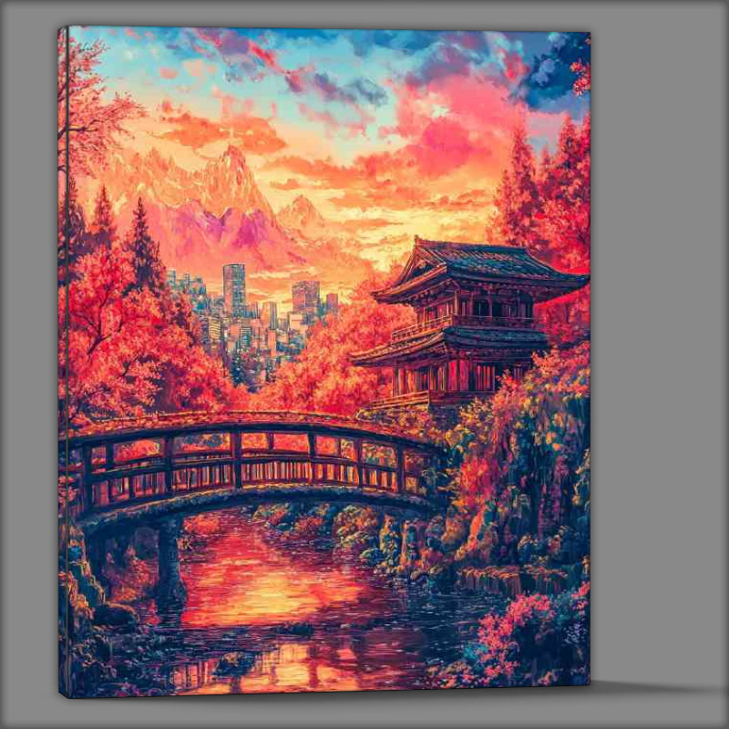 Buy Canvas : (Japanese architecture Japanese cherry blossom trees over the bridge)