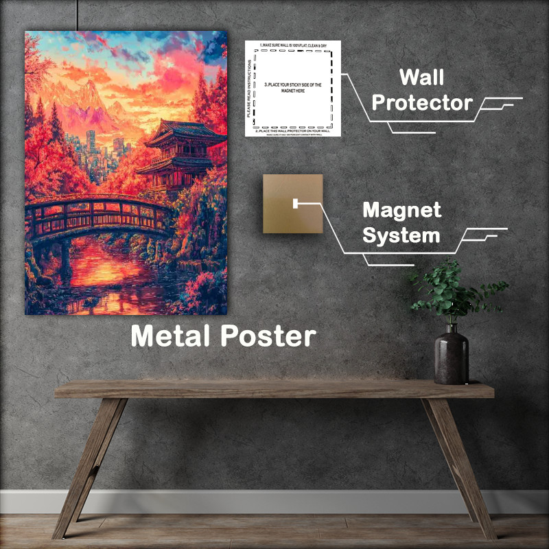 Buy Metal Poster : (Japanese architecture Japanese cherry blossom trees over the bridge)