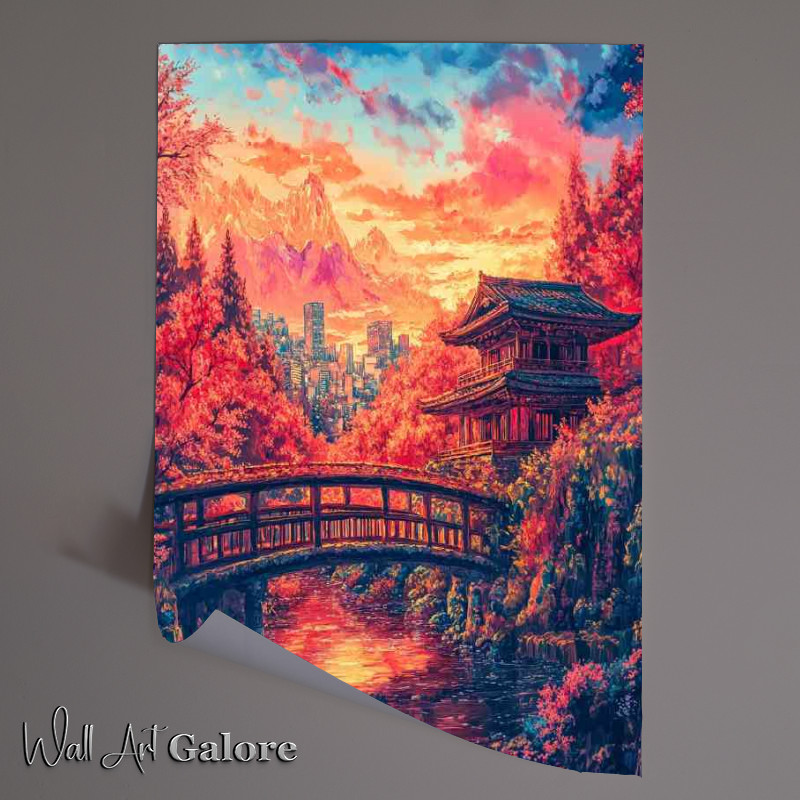 Buy Unframed Poster : (Japanese architecture Japanese cherry blossom trees over the bridge)