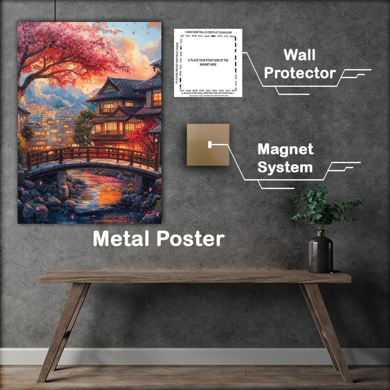 Buy Metal Poster : (Japanese architecture cherry blossom tree with local stream)