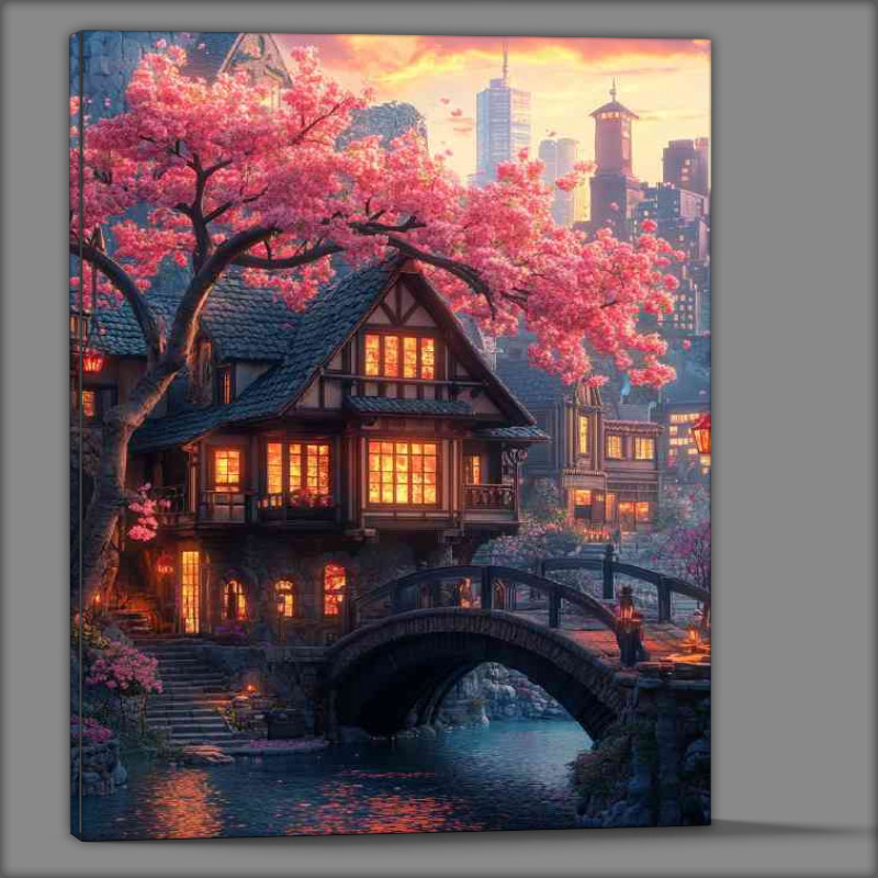 Buy Canvas : (Japanese architecture cherry blossom tree with pink leaves)