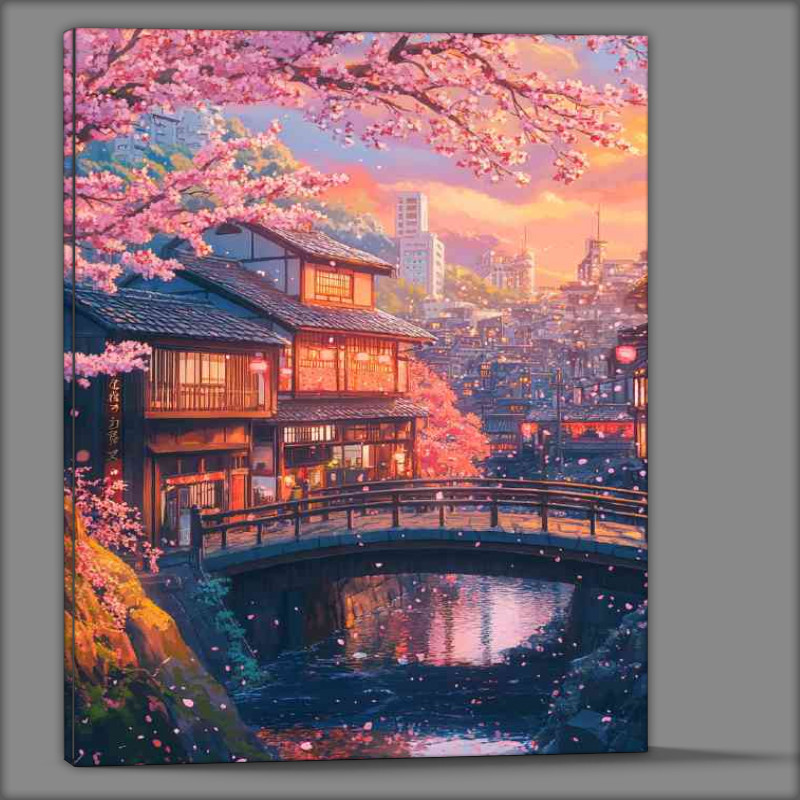 Buy Canvas : (Japanese architecture cherry blossom tree with pink leaves and bridge)