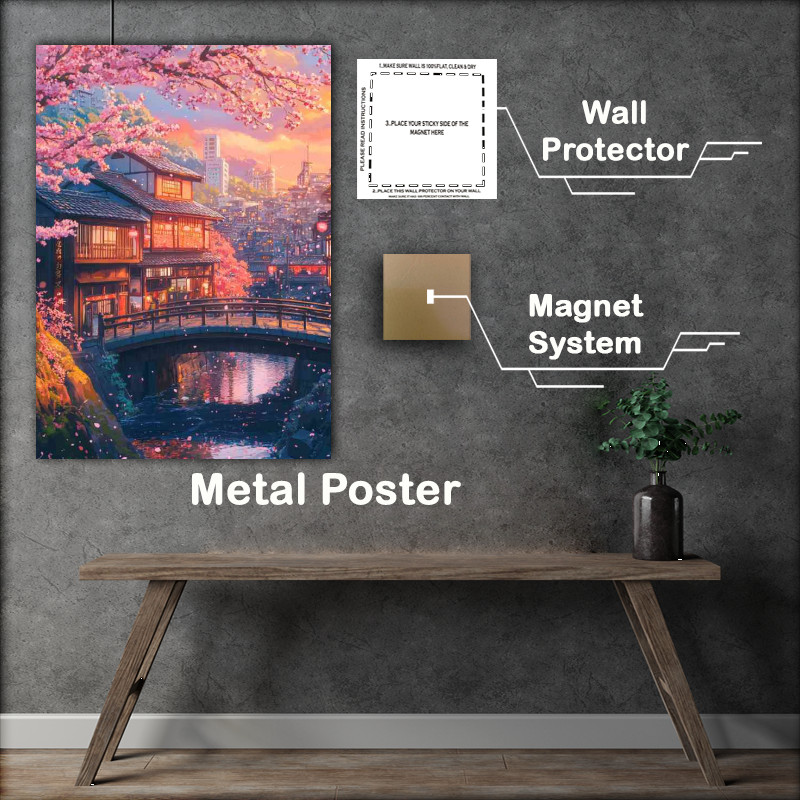 Buy Metal Poster : (Japanese architecture cherry blossom tree with pink leaves and bridge)