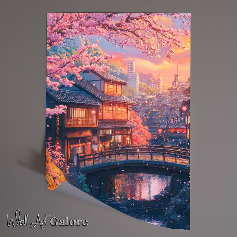 Buy Unframed Poster : (Japanese architecture cherry blossom tree with pink leaves and bridge)