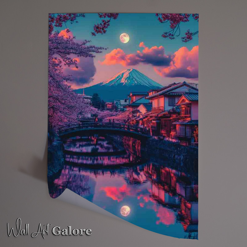 Buy Unframed Poster : (Japanese bridge cherry blossoms full moon)