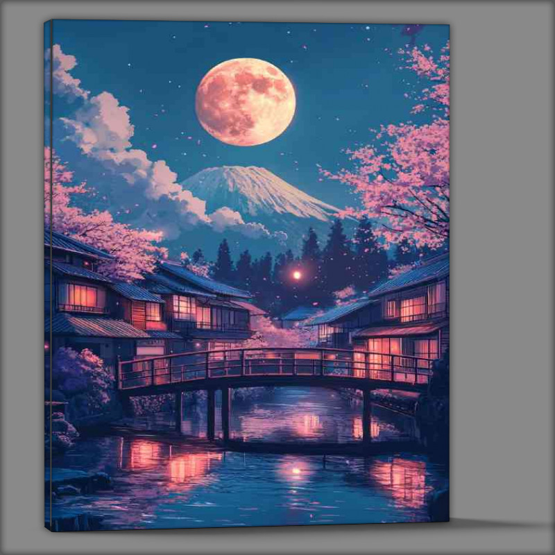 Buy Canvas : (Japanese bridge cherry blossoms full moon over Mount fuji)